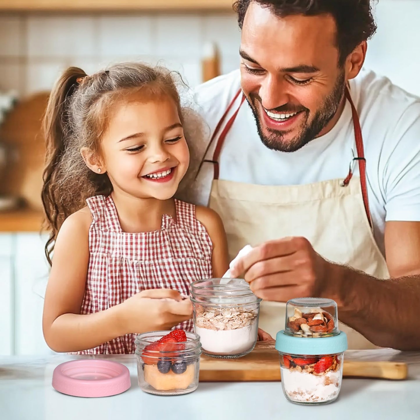 ComSaf 8oz 2 Pcs Overnight Oats Containers with Lids, Glass Yogurt Parfait Cups for Cereal Nut Fruit, Dual-Layer Chia Pudding Jars Reusable, Small Mason Jars for Salad, Meal Prep, Snack, Oatmeal