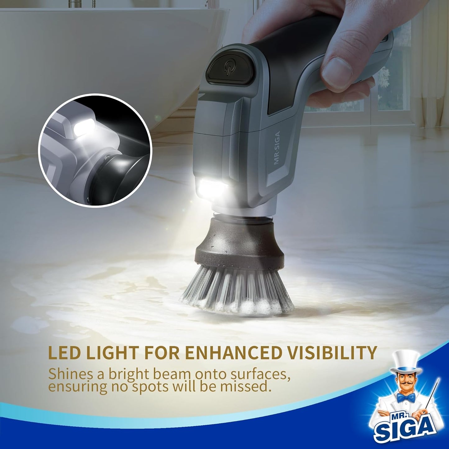 MR.SIGA Electric Spin Scrubber for Kitchen and Bathroom Cleaning, Waterproof Rechargeable Cordless Spin Scrubber with 5 Replaceable Cleaning Brushes and Pads