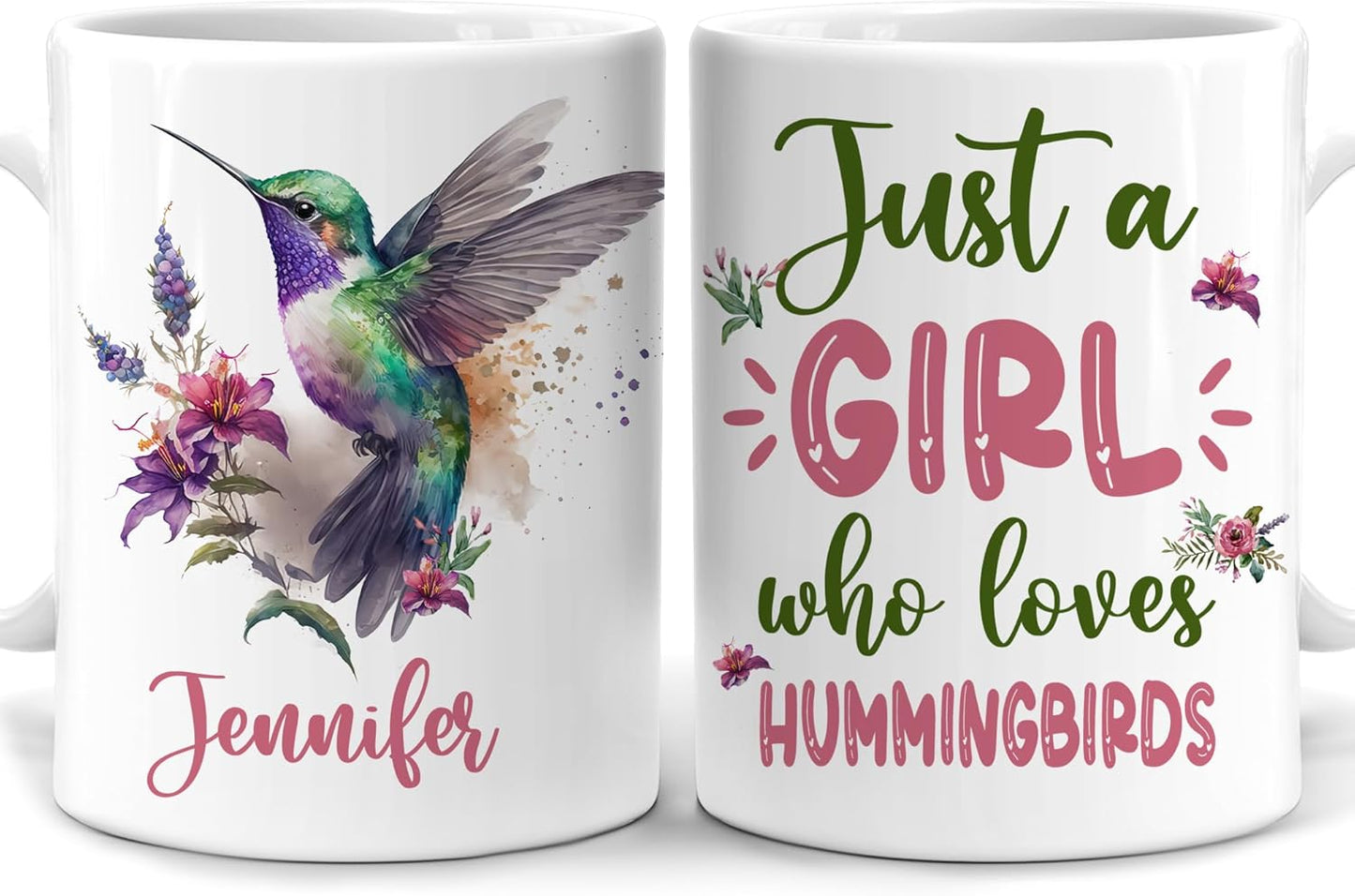 Hyturtle Personalized Gifts Hummingbird Lover - Just A Girl Who Loves Hummingbirds Custom Name Ceramic Coffee Mug Cup 11oz - Idea Cute Animal Lover Gifts For Women, Girl On Birthday, Christmas