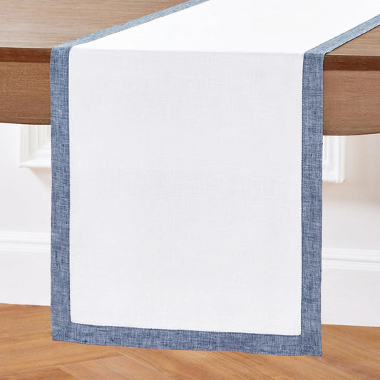 Solino Home Linen Table Runner 108 Inches Long - 100% Pure Linen Chambray Indigo and White Table Runner 14 x 108 Inch - Classic