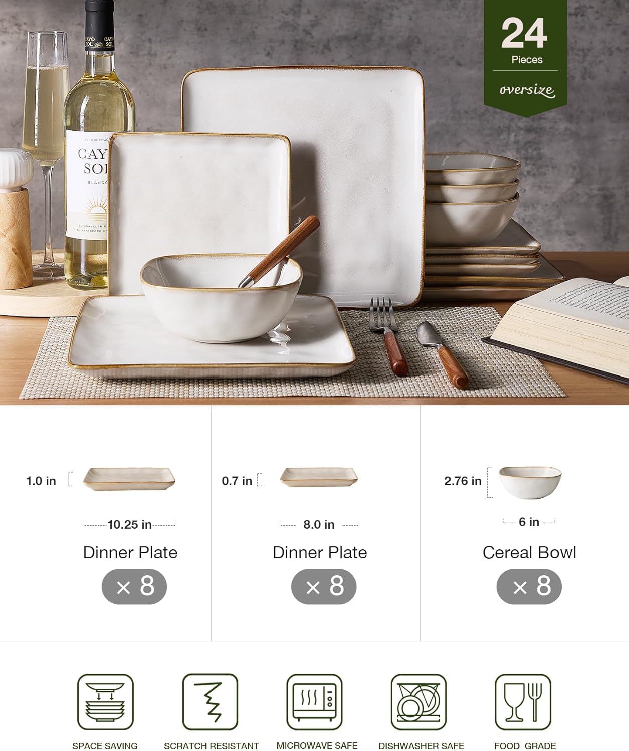 Famiware Dinnerware Sets for 8, Ocean Square 24-Piece Kitchen Plates and Bowls Sets, Microwave and Dishwasher Safe, Scratch Resistant, Cappuccino White