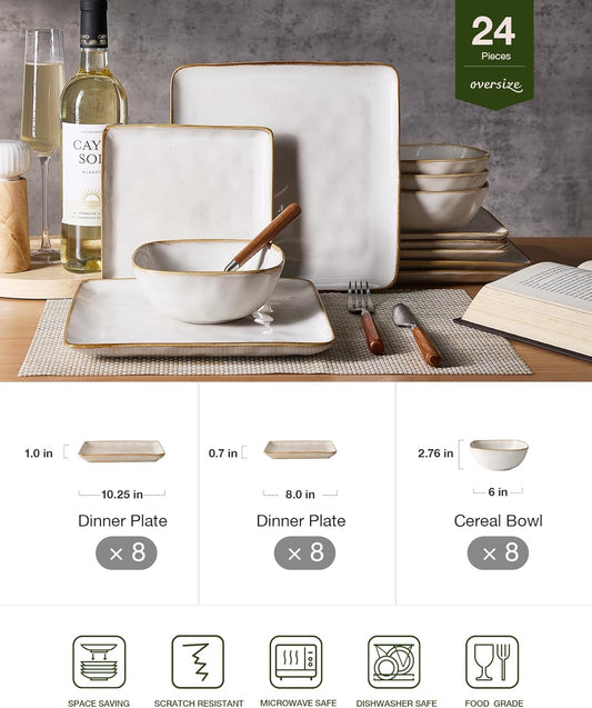Famiware Dinnerware Sets for 8, Ocean Square 24-Piece Kitchen Plates and Bowls Sets, Microwave and Dishwasher Safe, Scratch Resistant, Cappuccino White