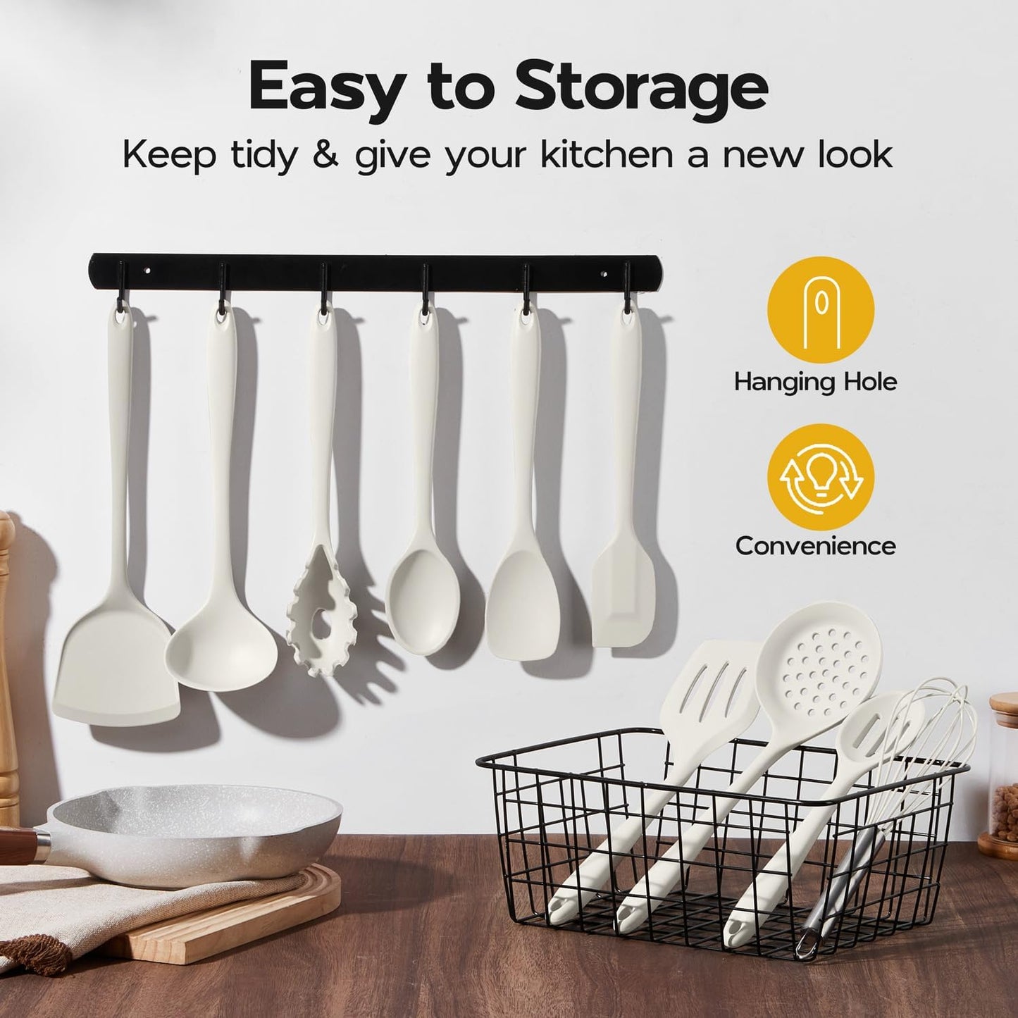 Onader Kitchen Cooking Utensils Set of 10, Silicone Utensils Set for Cooking, Includes Non Toxic Turner Spoon Spatula Whisk Pasta Server - White