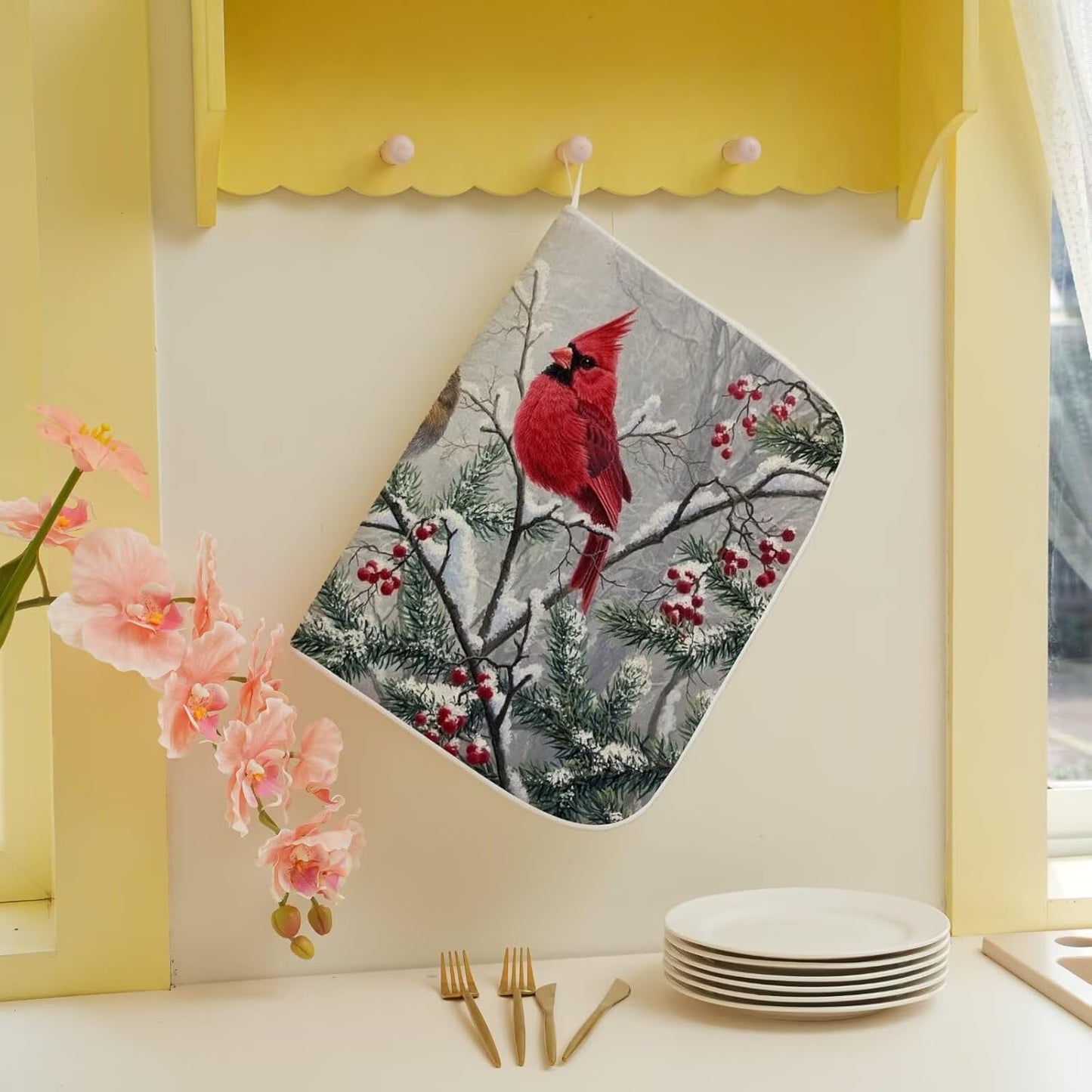 Winter Cardinal Bird Dish Drying Mat 18 x 24 inch Winter Snow Red Birds Pine Trees Decorative Drying Mats Microfiber Absorbent Holiday Dish Washable Draining Mat for Kitchen Counter Decor