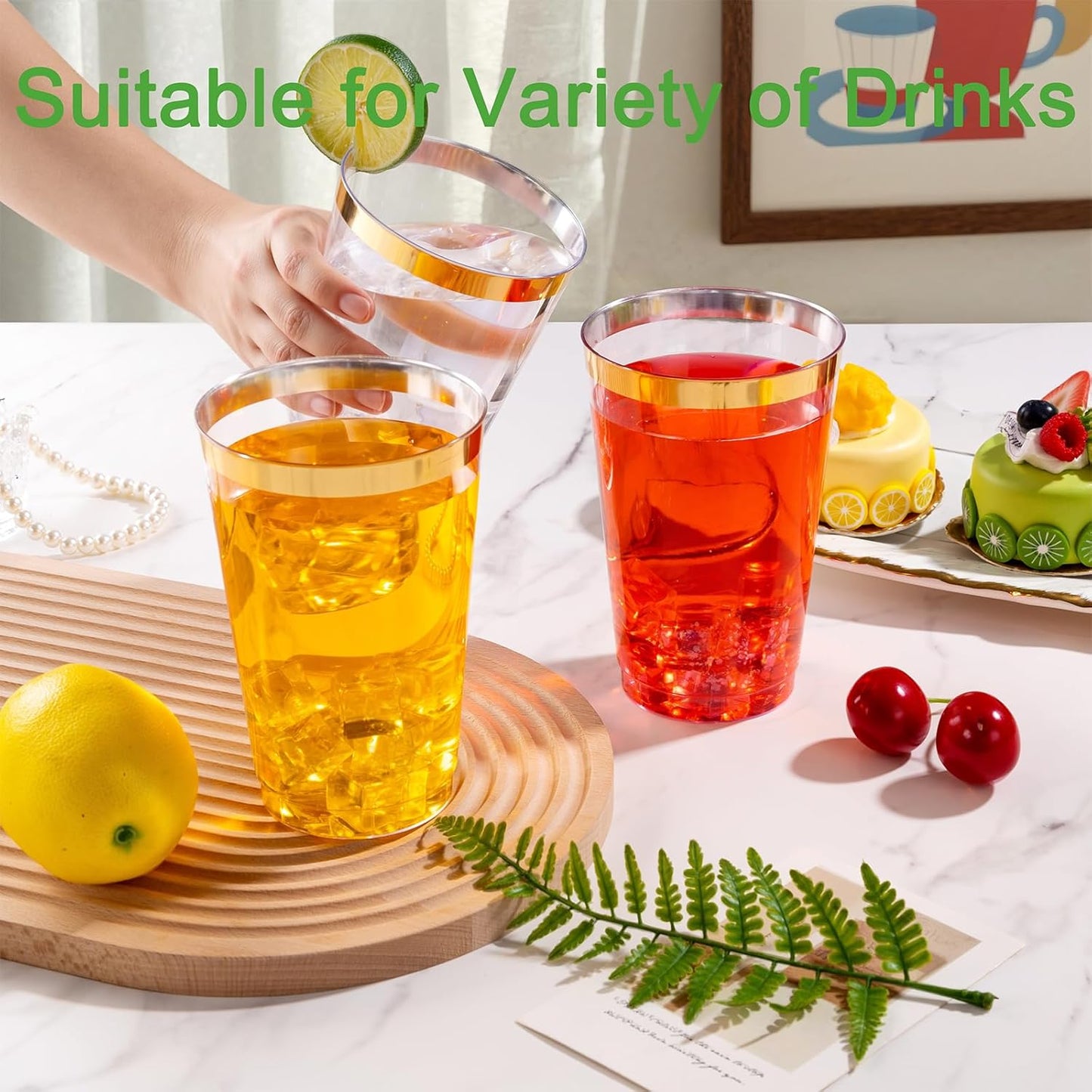 I00000 50 Pack 24 oz Gold Plastic Cups, Elegant Gold Rimmed Plastic Cups, Disposable Cocktail Glasses Wine Glasses, 24 oz Premium Tumblers Perfect for Birthday, Party & Wedding