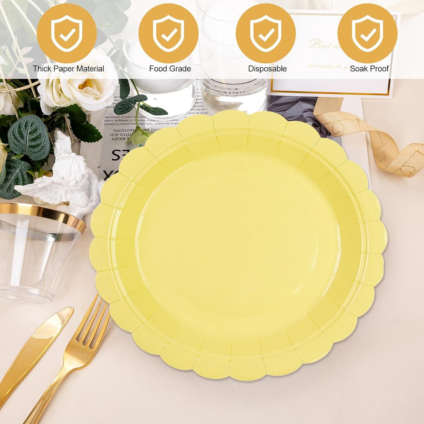 50Pcs Yellow Paper Plates-7 Inch Solid Color Scalloped Disposable Birthday Dinnerware Set Disposable Dinner Party Supplies for Graduation School Starts Wedding Baby Shower Fall Table Decor