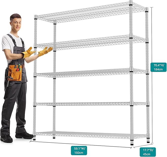 5 Tiers Shelf 3300 lbs Steel Storage Shelving Utility Shelving Unit Steel Organizer Wire Rack for Home,Kitchen,Office,Garage Chrome 17.7" D x 47.2" W x 70.3" H