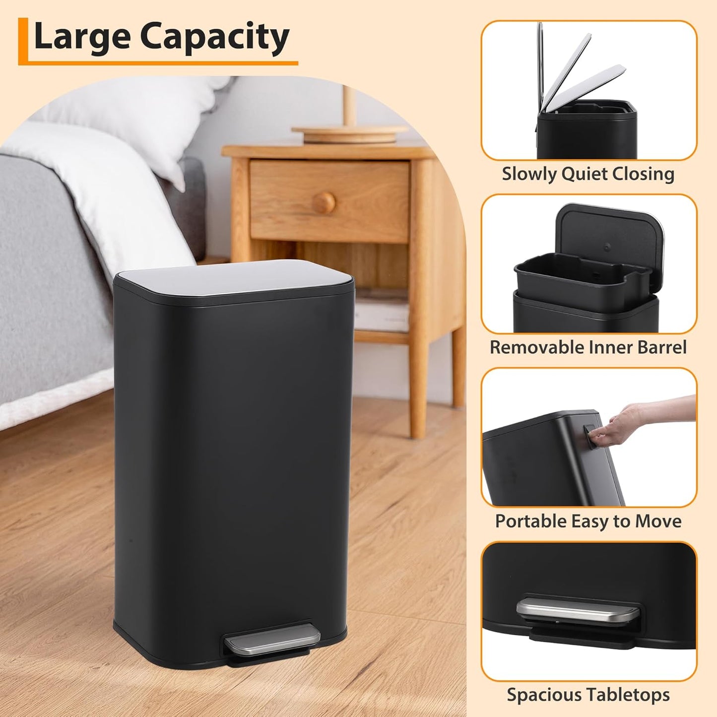 Kitchen Trash Can, 8 Gallon Stainless Steel Garbage Can with Lid, Step-On Pedal and Inner Bucket, Rectangular Trash Can for Home Kitchen Office Living Room (30 L, Black)