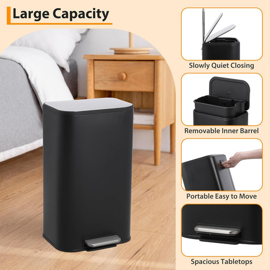 Kitchen Trash Can, 8 Gallon Stainless Steel Garbage Can with Lid, Step-On Pedal and Inner Bucket, Rectangular Trash Can for Home Kitchen Office Living Room (30 L, Black)