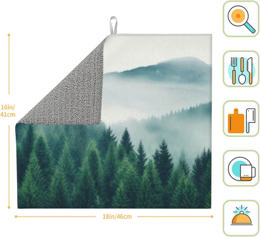 Forest Trees Mountain Dish Drying Mat 16x18 Inch, Microfiber Absorbent Fast Dry Mat Large Dish Mat Drying Kitchen Mat, Kitchen Drying Pad for Kitchen Counter Coffee Bar Decor Gifts