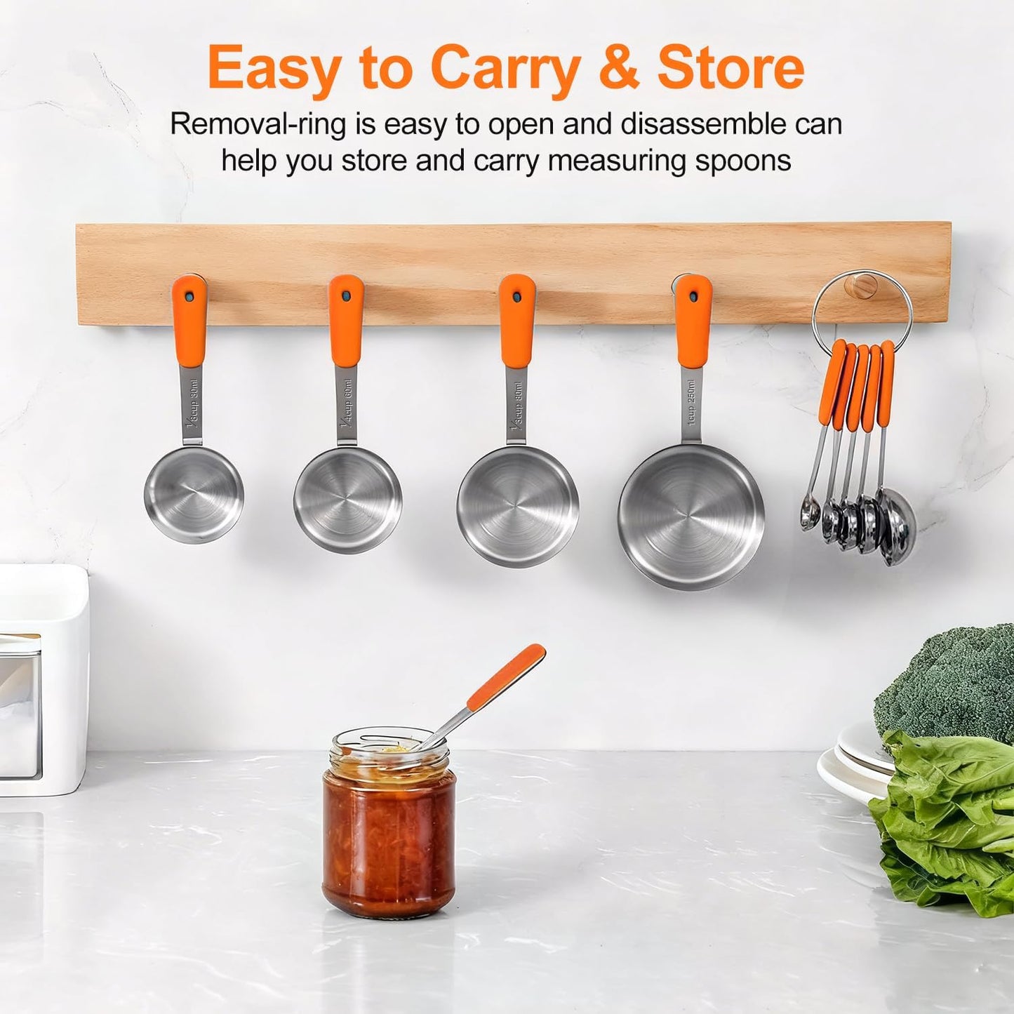 Measuring Cups and Spoons Set, Stainless Steel 10 Piece for Cooking and Baking (5 Cups + 5 Spoons, Orange Handle)