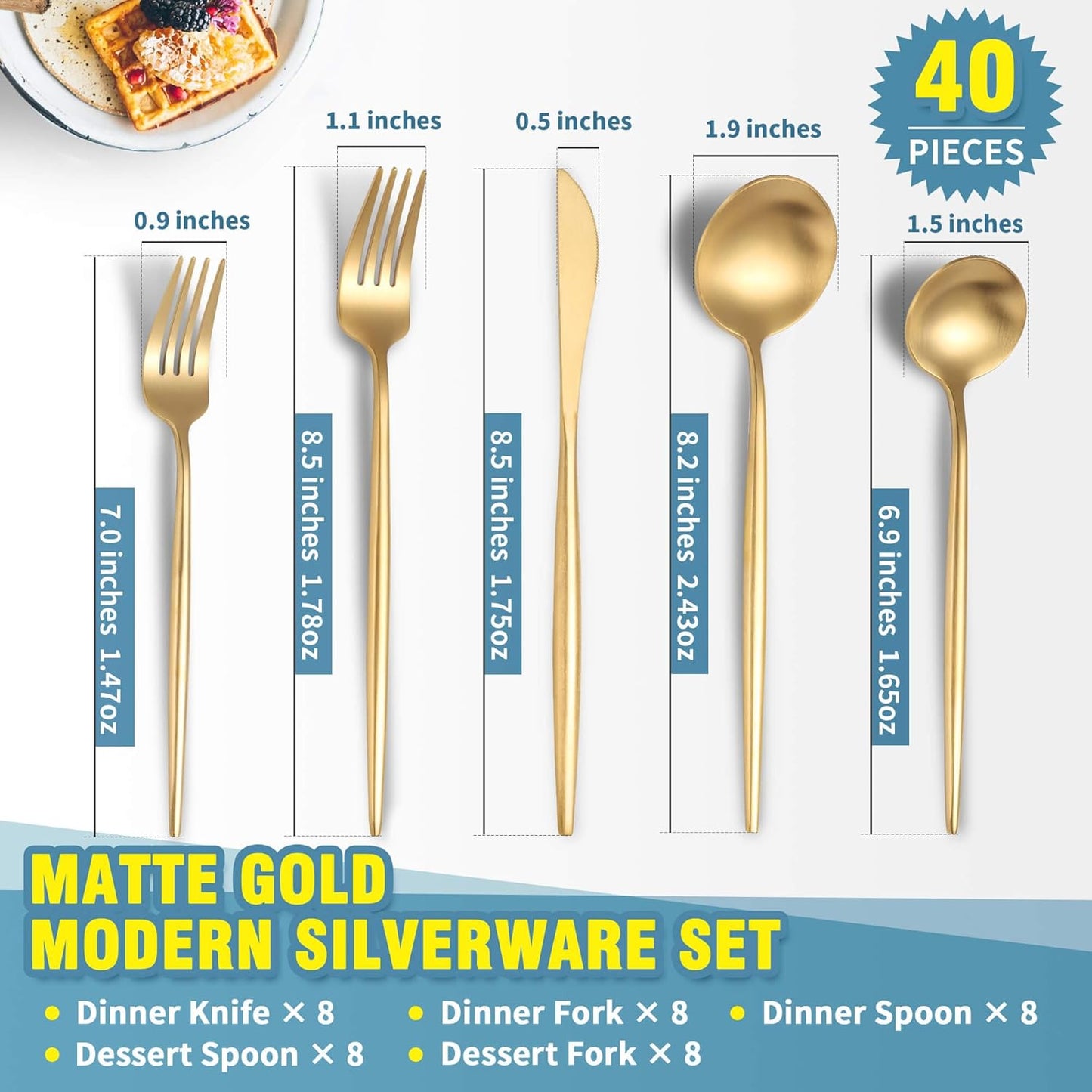 Lemeya Matte Gold Silverware Set for 8,Modern Stainless Steel Brushed Cutlery Set,40-Pieces Heavy Duty Flatware Set,Knives Spoons and Forks Set Utensils Set,Satin Finish,Dishwasher Safe