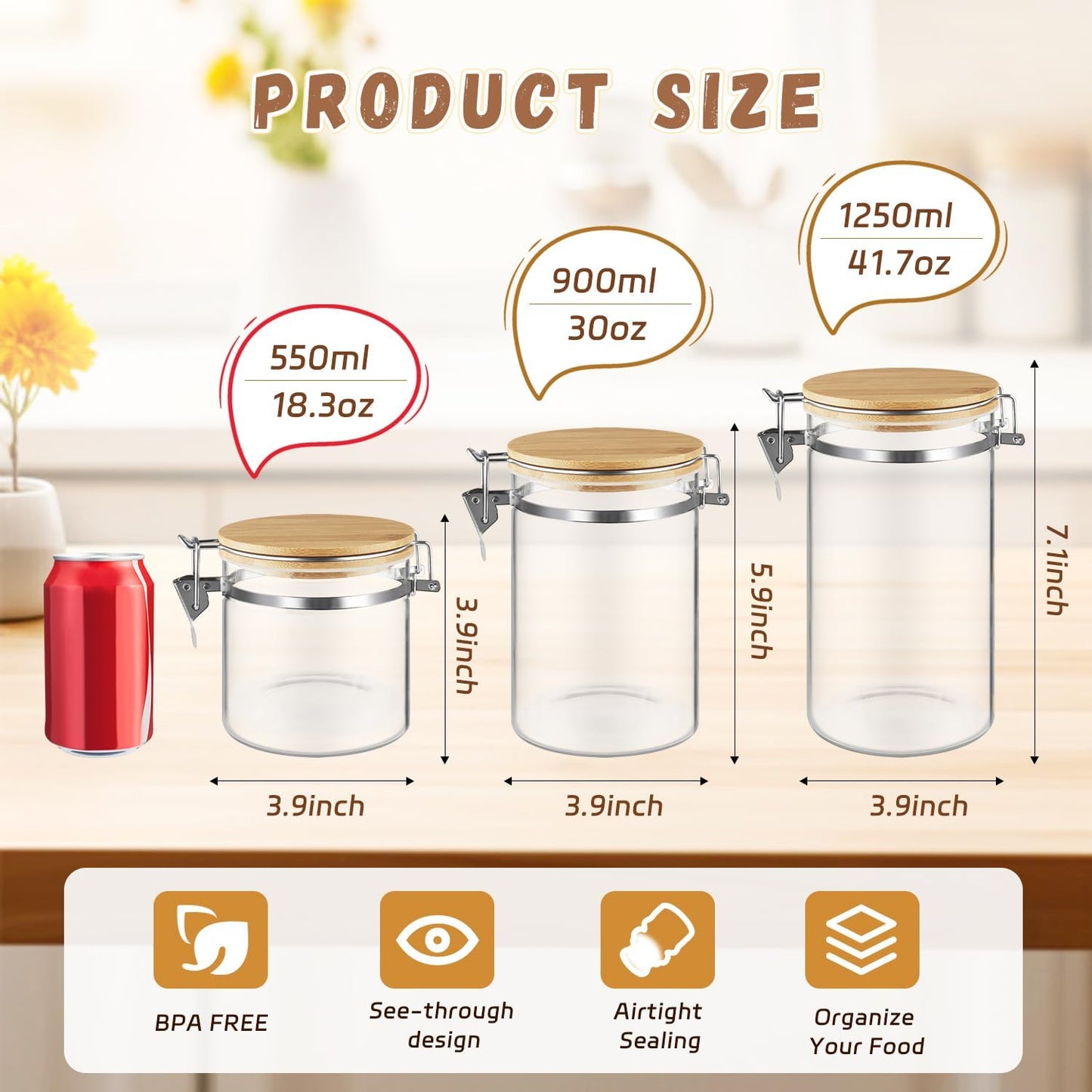Set Of 2 Glass Jar With Bamboo Lids Empty Food Storage Jars With Locking Clamp Kitchen Canisters Glass Sealed Jar Container For Coffee Beans Sugar Tea Spices And More (550ml/18.3oz)