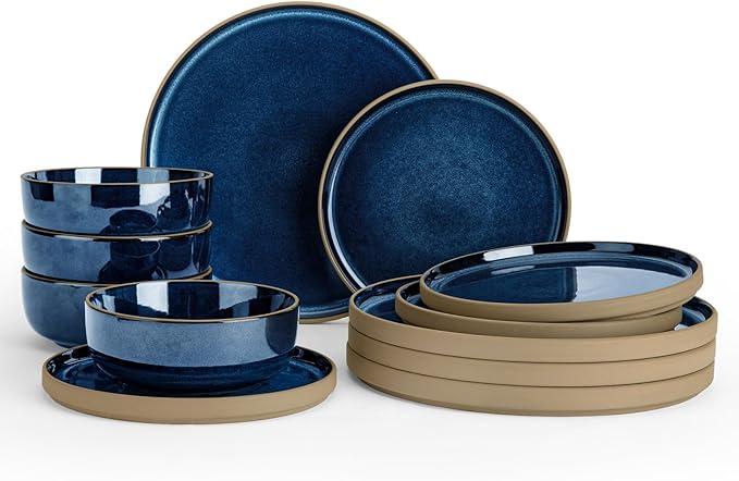 Famiware Nature Plates and Bowls Sets, 12 Pieces Stoneware Dinnerware Sets, Dishes Set for 4, Dishware Sets, Microwave and Dishwasher Safe, Midnight Blue