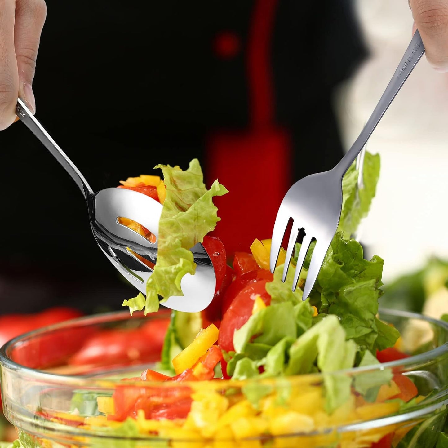 Patelai 15 Pieces Christmas Stainless Steel Silver Serving Utensils Set 8.7" Large Spoons and Slotted Spoon 9.45" Tong 9" Forks Flatware Wedding Party Buffet Banquet Cooking Kitchen Catering