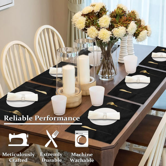 Black Cloth Placemats Set of 6, Cotton Linen Blend Machine Washable Double Layered Place Mats, Heat Resistant Placemats Wrinkle Free Thick Fabric Dining Table Mats for Indoors & Outdoors (Black, 6)