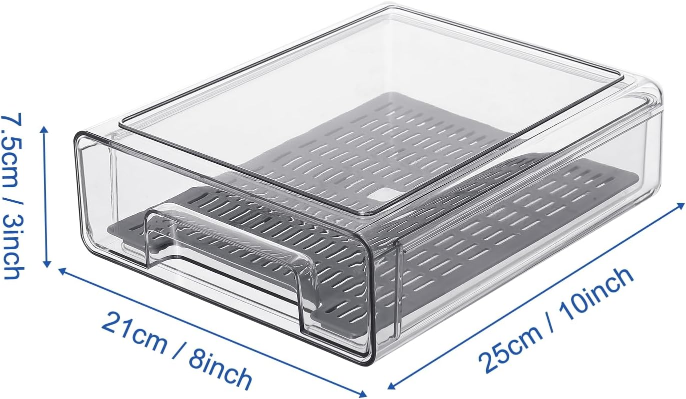 Plastic Clear Fridge Storage Organizer with Drawers & Drainer - Stackable Bins for Kitchen Fruit & Veggie Organization (2PCS, Medium)