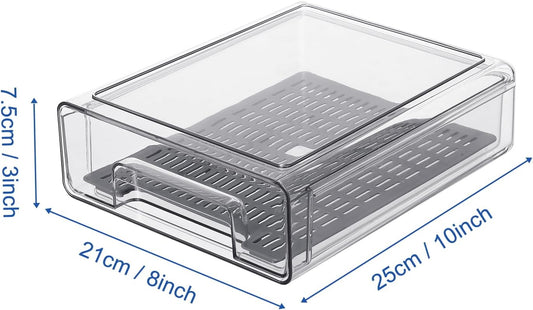 Plastic Clear Fridge Storage Organizer with Drawers & Drainer - Stackable Bins for Kitchen Fruit & Veggie Organization (2PCS, Medium)