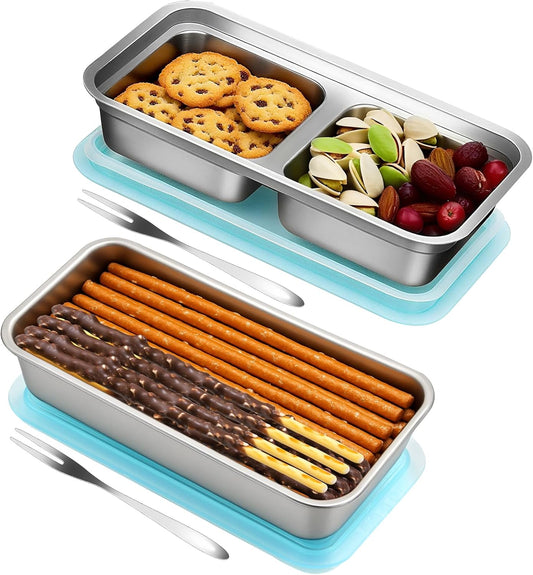Stainless Steel Snack Containers with Lids, 1 Pack Reusable Lunch Box (1 Single + 1 Double Compartment) with Forks, Food Storage Bento Box for Work, Travel, Grab and Go, Leak Proof, Dishwasher-Safe