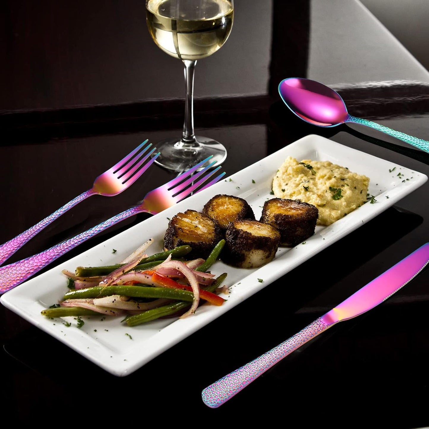 Hammered Silverware Set Rainbow Stainless Steel Flatware 40 pieces Dinning Utensils Service for 8 include Knife Fork Spoon Durable Easy to Clean