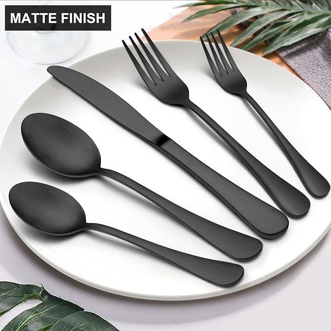 LIANYU 20 Piece Matte Black Silverware Set, Stainless Steel Black Flatware Cutlery Set for 4, Fancy Kitchen Utensil Tableware for Home Restaurant Party, Satin Finish, Dishwasher Safe