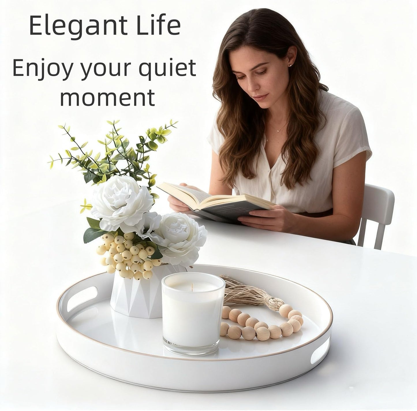 Zosenley Decorative Tray, Round Plastic Tray with Handles, Modern Vanity Tray and Serving Tray for Ottoman, Coffee Table, Kitchen and Bathroom, Size 13” (White)