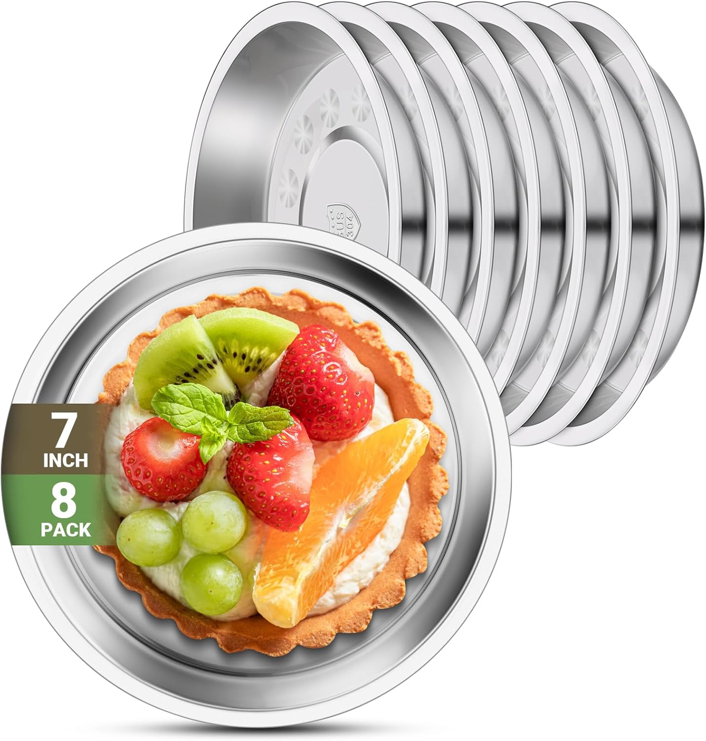 Patterned Deep Stainless Steel Plates, 8 Set 7 inch 304(18/8) Metal Food Serving Plate, Reusable Snack Eating Dishes Round Shatterproof Silver Dinnerware for BBQ Dinner Oven Dishwasher Safe