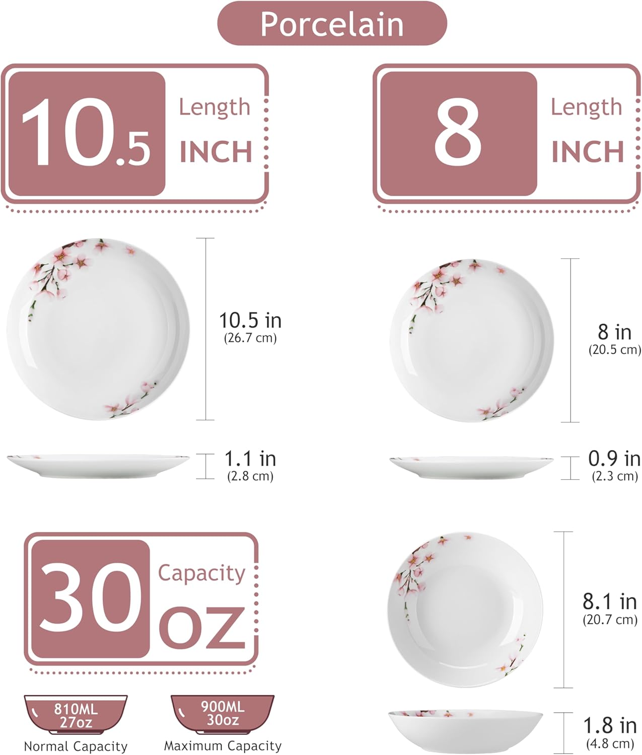 VEWEET 18 Pieces Dinnerware Sets for 6, Porcelain Plates and Bowls Set with Pink Floral, Classic Dishes Set Dining Ware for Dinner, Microwave and Dishwasher Safe, Series ANNIE