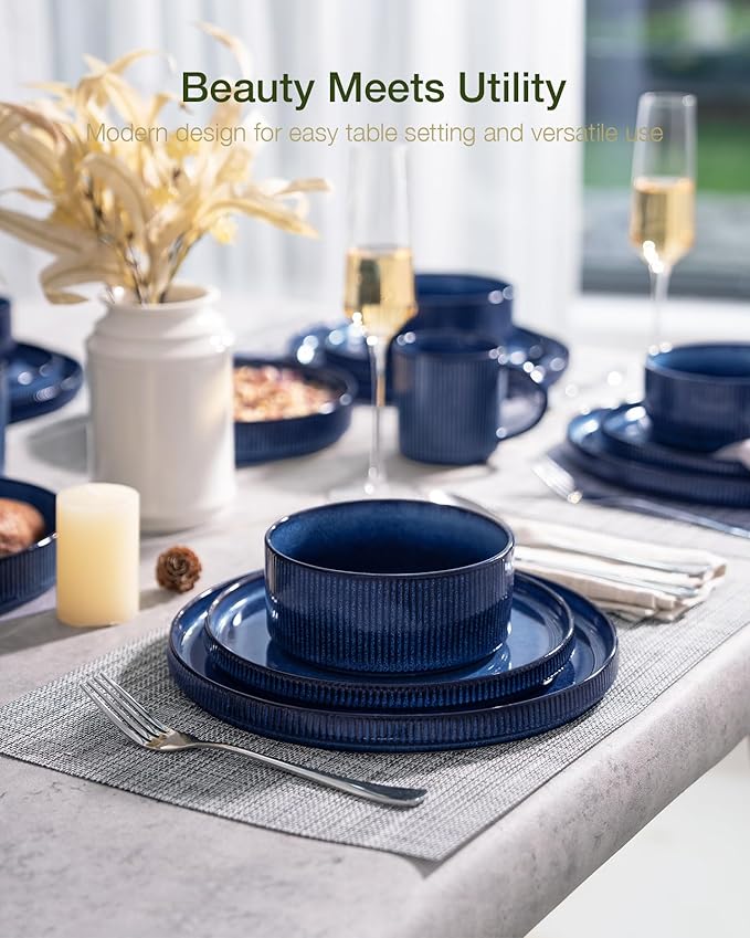 Famiware Star Dinnerware Set with Mugs, Service for 6 (24 Pieces), Ribbed Stoneware Plates and Bowls Dishes Sets - Chip & Scratch Resistant, Microwave & Dishwasher Safe, Nebulas Blue