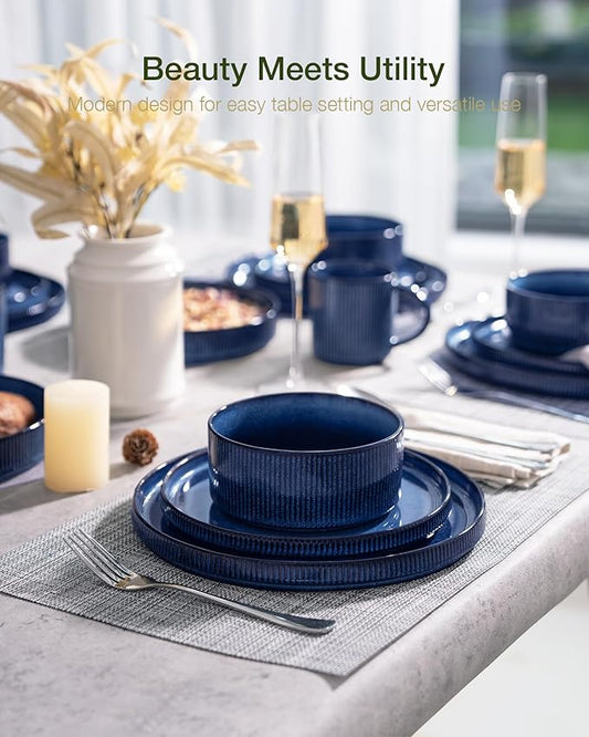 Famiware Star Dinnerware Set with Mugs, Service for 6 (24 Pieces), Ribbed Stoneware Plates and Bowls Dishes Sets - Chip & Scratch Resistant, Microwave & Dishwasher Safe, Nebulas Blue
