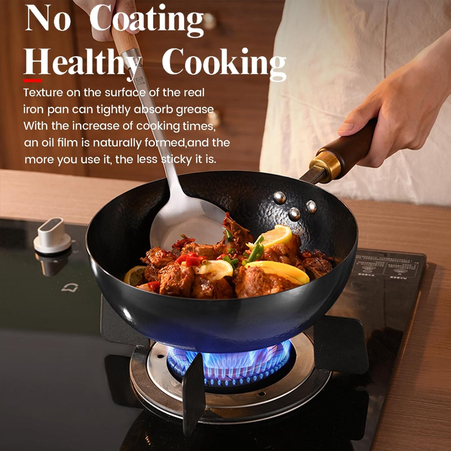 Carbon Steel Wok Pan, 10.2" Woks & Stir-Fry Pans with Glass Lid Cookwares, Nonstick Wok Flat Bottom Small Handmade Chinese Wok For for All Stoves