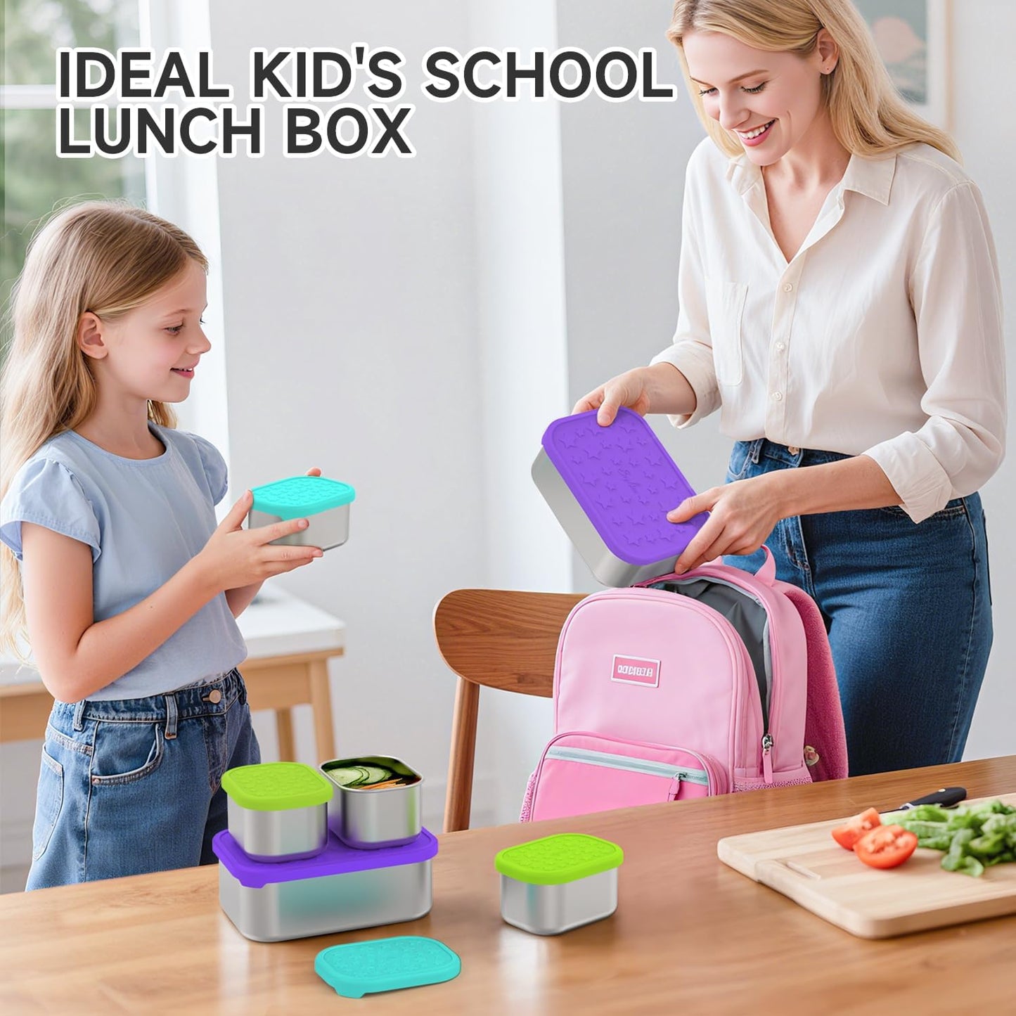 SOPHICO Stainless Steel 24 OZ Snack Containers for Kids，Food Storage Container with Silicone Lid - Perfect 304 Metal Toddler Lunch Box for Daycare and School, Leak Proof （Purple）