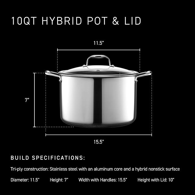 HexClad Hybrid Nonstick 10-Quart Stockpot with Tempered Glass Lid, Stay-Cool Handles, Dishwasher-Friendly, Oven-Safe Up to 900°F, Induction Ready, Compatible with All Cooktops