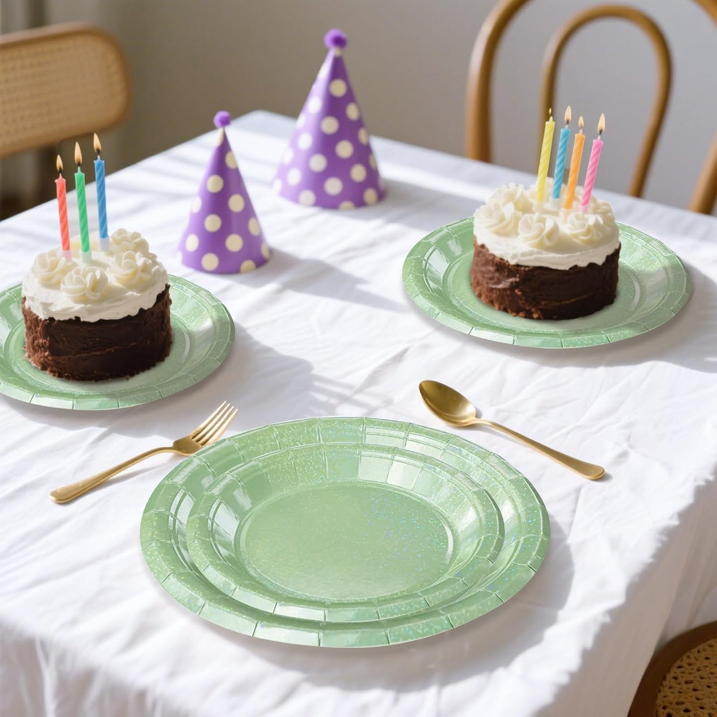 50 Pcs Iridescent Sage Green Paper Plates 25 × 7'' and 25 × 9'' Disposable Green Shiny Holographic Foil Dinner Plates for Wedding Baby Shower Birthday Party Glitter Dessert Plate
