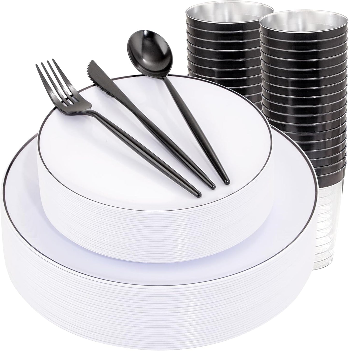 EI 180pcs White Plastic Dinnerware Set Include Black Disposable Silverware,Dinner and Dessert Plates,Cups,White Plastic Plates with Black Rim Perfect for Wedding,Birthday,Halloween,Partys,Service 30.