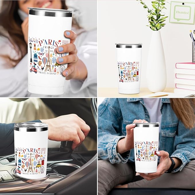 Paris Travel Gifts for Women Tumbler, 20 oz Stainless Steel Coffee Mug，Insulated Cup with Lid for Car, Travel Essentials Gifts for Women Men Traveler France Paris Lover Friendship Birthday Christmas