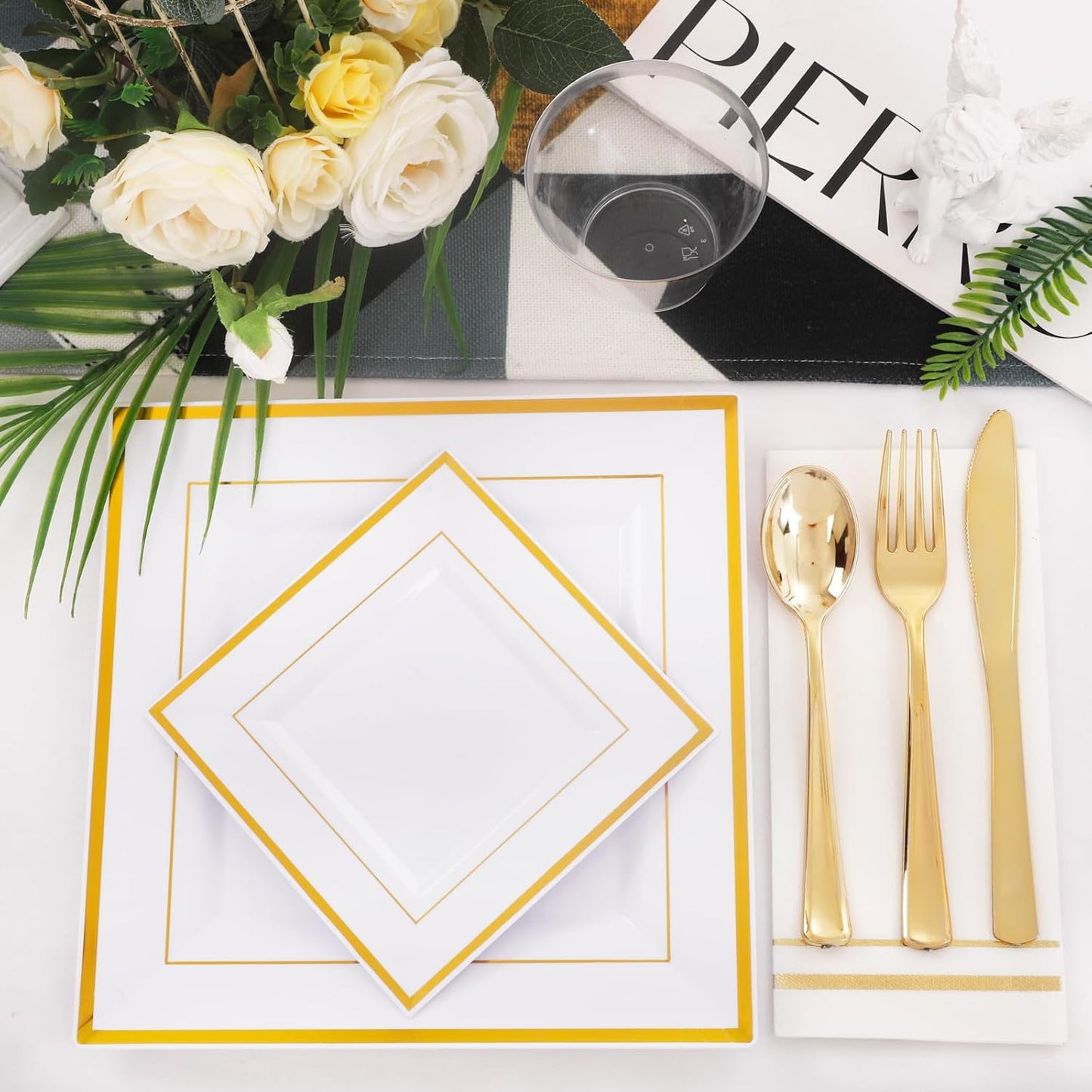 Festiva 350Pcs Gold Plastic Plates - Disposable Square Gold Plates Dinnerware set include 9.5"/6" Plates,Cups,Plastic Cutlery,Hand Napkins Perfect for 50 guests Party&Wedding&Thanksgiving&Christmas