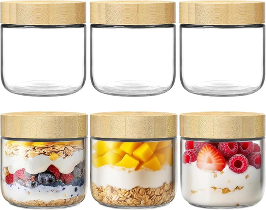 6 Pack 10oz Glass Jars with Bamboo Lids, Overnight Oats Containers with Airtight Lids, Storage Containers Wide Mouth Mason jars for Salad,Yogurt, Sugar, Snacks, Spices