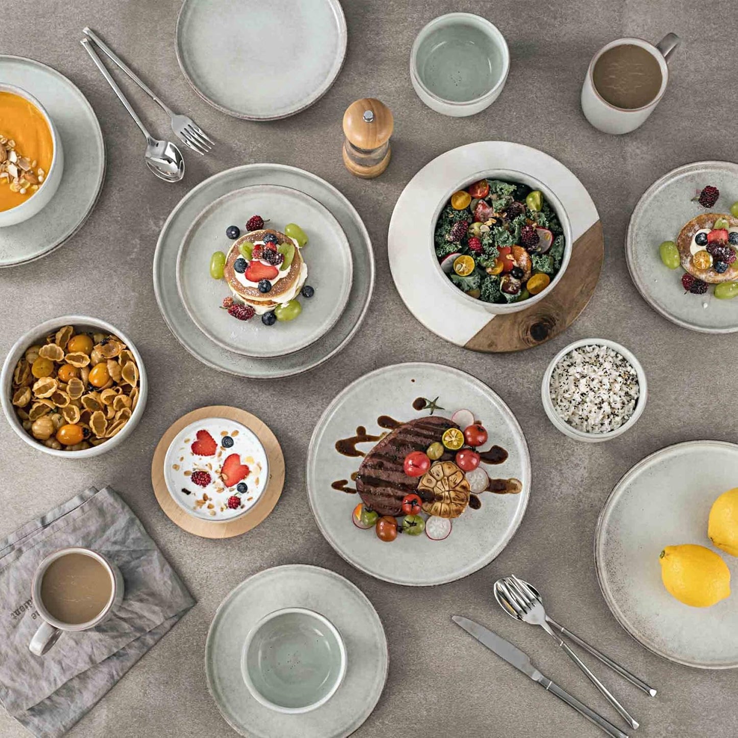 Henten Home Ceramic Salad Bowl Set, 15 OZ Cereal Bowls Set of 4, Porcelain Rice Bowls for Kitchen, Reactive Glaze Serving Soup Bowls for Snack, Pasta, Microwave Safe (Grey)