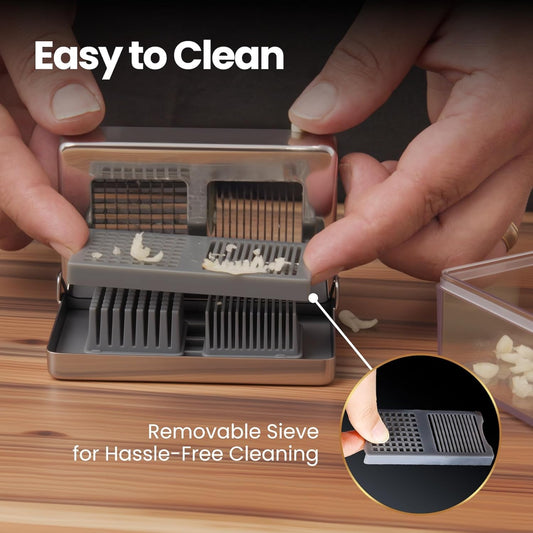 Garlic Press Stainless Steel, Garlic Chopper Mini & Slicer Super Thin 2 in 1, Odor Free Ginger Dicer With Storage Container, Dishwasher Safe Mini Chopper, Premium Mincer with 5 year warranty