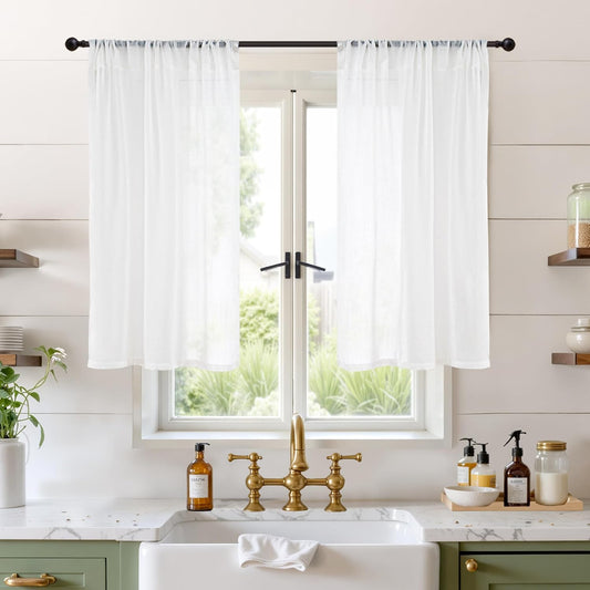 BGment 45 Inch Length White Linen Curtains for Short Window - Rod Pocket Small Semi Sheer Drapes Light Filtering for Cafe Kitchen Bedroom Lightweight Natural Rustic, 2 Panels Set, 30 X 45 Inch