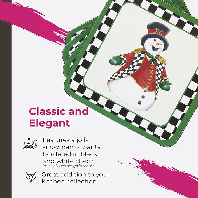 Pimpernel Black & White Collection Coasters, Set of 6 – 4-Inch Square Cork-Backed Drink Mats with Lacquered Finish, Heat & Stain Resistant Dining Table, Tabletop & Furniture Protection