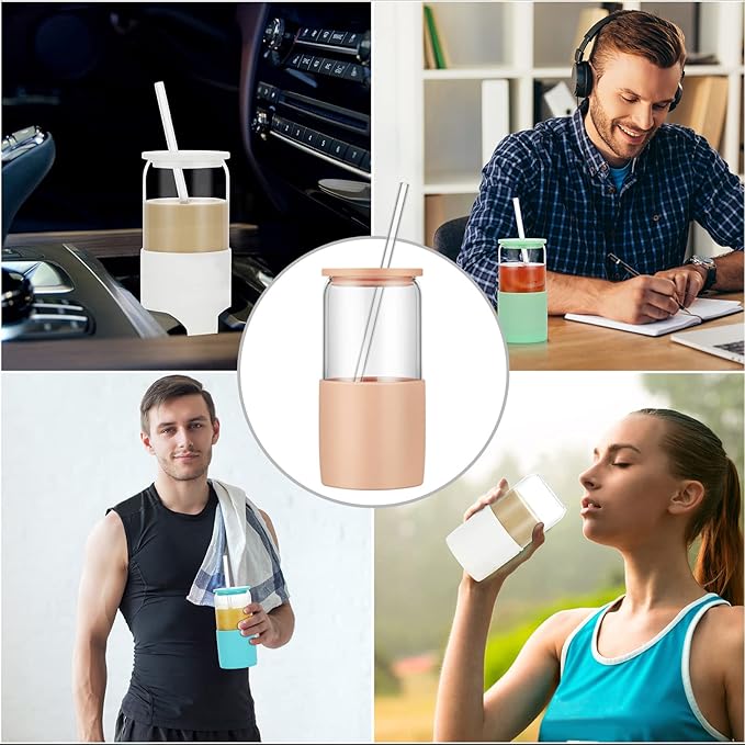 Sunseeke Glass Tumbler with Straw and Lid, 16oz Ice Coffee Cup, Silicone Sleeve Cleaning Brushes, Drinking Glasses for Water, Iced Coffee, Smoothie -BPA Free -3 Pack