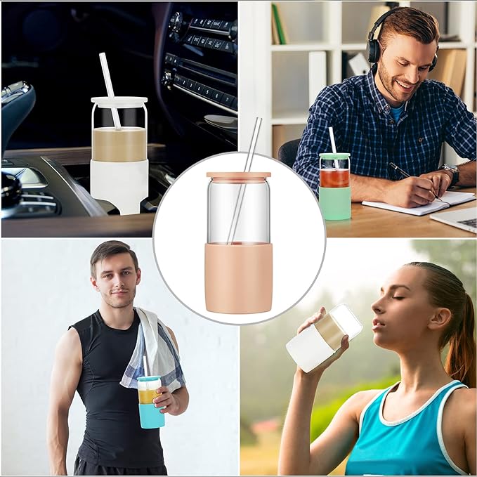Sunseeke Glass Tumbler with Straw and Lid, 16oz Ice Coffee Cup, Silicone Sleeve Cleaning Brushes, Drinking Glasses for Water, Iced Coffee, Smoothie - BPA Free -3Pack