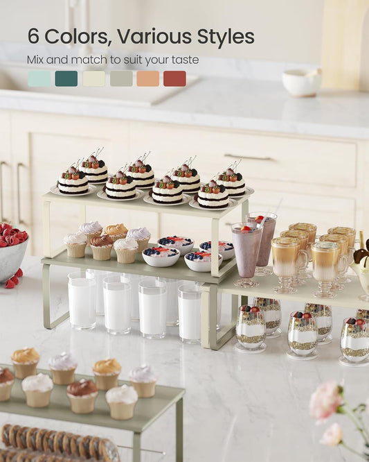 SONGMICS Cabinet Organizer Shelf, Set of 2 Kitchen Counter Shelves, Kitchen Storage, Spice Rack, Stackable, Expandable, Metal and Engineered Wood, Cappuccino Beige UKCS200K01