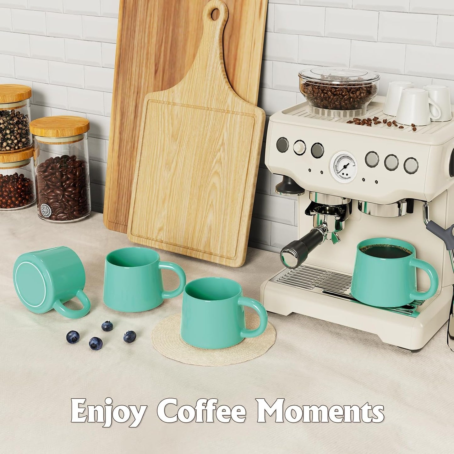 12 oz Coffee Mugs Set of 4, Modern Stackable Coffee Cups Set for Latte, Hot Tea, Cappuccino, Ceramic Coffee Mug Tea Cup, Dishwasher & Microwave Safe, Housewarming Wedding Present (Turquoise)