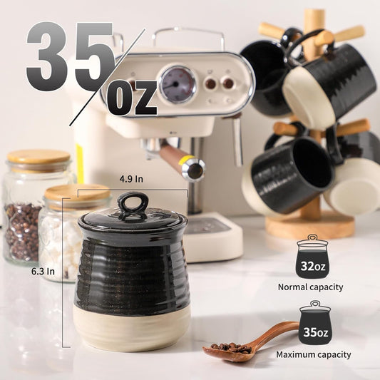 Ceramic Food Storage Jar,Coffee Canister for Countertop with Lids Airtight,Large Flour,Spices,Beans,Rice and Candies Containers for Kitchen and Home,Farmhouse Kitchen Decor,35 OZ Black