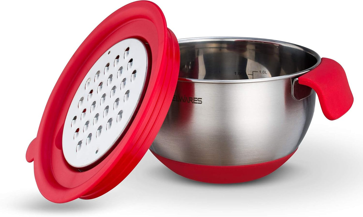 Belwares Mixing Bowls with Lids Set - 3-Piece Stainless Steel Nesting Bowls with Graters, Handles, and Airtight Lids - Non-Slip Mixing Bowls for Cooking, Baking, Prepping, and Food Storage (Red)