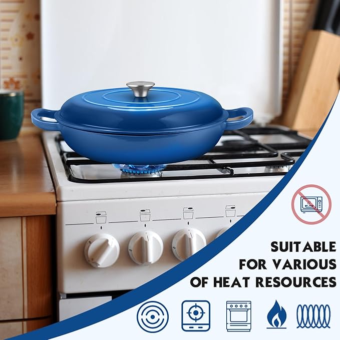 Overmont Enameled Cast Iron Dutch Oven - 3.8 Quart Dutch Oven Pot with Lid - Shallow Cookware Braising Pan - Cast iron Casserole with Cookbook & Heat-resistant Caps - Oven Safe up to 500° F