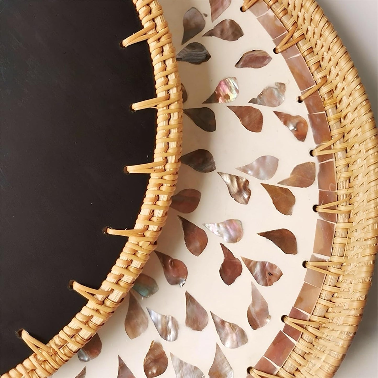 i-lan 3-Piece Round Rattan Serving Trays with Mother of Pearl Inlay – Handwoven Decorative Platters for Coffee Table, Vanity, Kitchen & Home Décor, Set